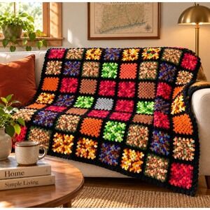 Vintage Handmade Crochet Granny Square Afghan Blanket 64" x 48" Retro 70s